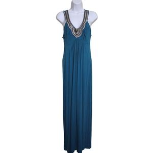 New York & Company Y2K Teal Column Dress Jersey Knit Embellished Neckline Medium